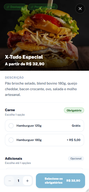 Personalização de Produto e Adicionais Food Integrado